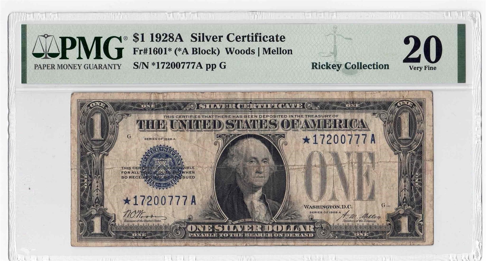 1928A $1 Silver Certificate Fr#1601* A Block PMG20