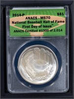 2014 P $1 ANACS MS70 Baseball Hall of Fame