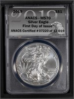 2019 S$1 American Silver Eagle FDOI MS70 ANACS