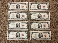 LOT OF 8 TWO DOLLAR RED SEAL CONSECUTIVE SERIAL