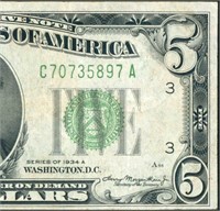 $5 1934 A Federal Reserve Note