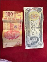 CANADIAN DOLLAR & 100 MEXICAN PESO BILLS