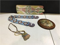 Native American items; belt, pouch, plaque, etc