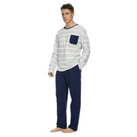 E7760 Mens Pajamas Classic Stripe Blue Top Set XL