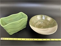 Two pieces.  Green   Planter and Bowl