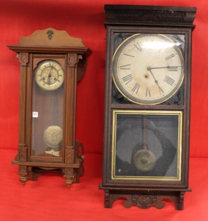 Two Antique Clocks: Cherry Wood wall 30" tall &