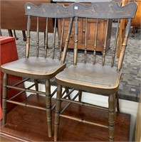 Pair Of Brown Paint Decorated Plank Seat Chairs