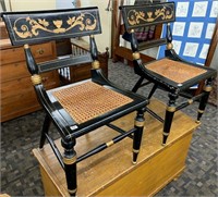 Pair Of Black Paint Decorated Cane Seat Chairs