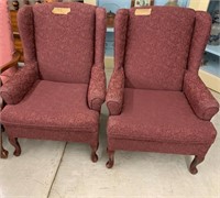 Pair Of Maroon Upholstered Wing Back Arm Chairs