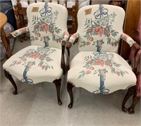 Pair Of Floral Upholstered Mahogany Arm Chairs