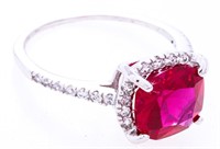 925 Sterling Silver Ring, Cushion Cut Ruby Red Swa