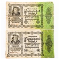 Lot 2 Germany 50000 Mark Notes Dated 1922