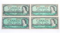 Group of 4 Bank of Canada 1954 $1 - 4 Signature Se