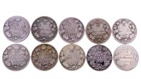 Collection of 10 Canada Historic Silver 25 Cents -