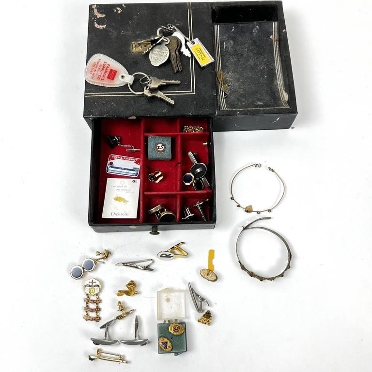 Old Jewelry Box, Cuff Links, Tie Clips Etc