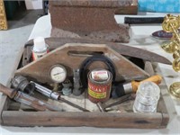 OLD WOODEN TRAY FULL OF VINTAGE ITEMS