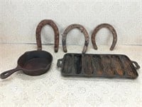 Cast Iron Lot: Horseshoes, Pan, Small Skillet