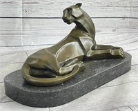 BRONZE ART DECO LION ON MARBLE BASE BY H. MOORE