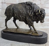 BRONZE BUFFALO SCULPTURE ON MARBLE BASE BY BARYE