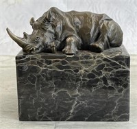 BRONZE WHITE RHINO BOOKEND ON MARBLE BASE