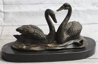 BRONZE PAIR OF SWANS SCULPTURE ON MARBLE BASE