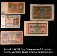 Lot of 5 WWI Era German and Russian Notes, Various