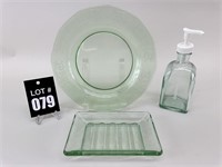 Green Depression Glass Plates & Soap Dispenser