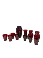 7 Pc. Anchor Hocking Ruby Red Glasses & 4 Vases
