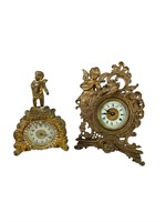 2 Antique Metal Cherub Desk Clocks