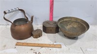 Brass Tea Kettle, Bowl & Boxes