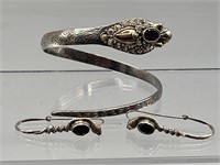 925 silver & garnet snake bracelet & earrings set