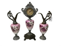 3 Pc Antique Ewer Vases & Clock Set