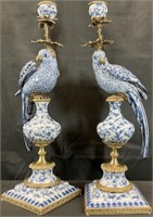 2 Porcelain Bronze Ormolu Parrot Candlesticks