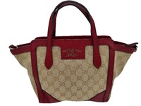 GG Beige Linen Red Leather Trim Small Tote Bag