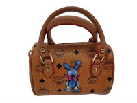 Cognac Leather Bunny Print Mini Boston Bag