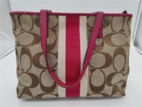 Coach Brown w/ Red/White Stripe Linen Tote Bag