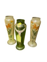 3 Antique Hand painted Glass Vases