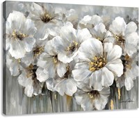32x24 White Floral Art - Modern Decor
