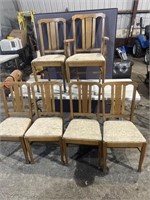 6 vintage wooden chairs, including one