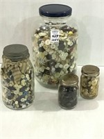 Lot of 4 Glass Jars Filled w/ Buttons