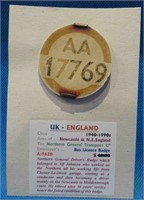 Vintage UK Bus Licence Badge N.E. England OLD