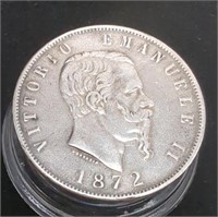 1872 Rare* Italian 5 Lire Silver Victor Emmanuel