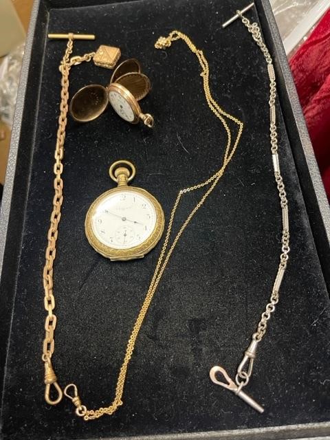 Estate Pocket Watch & Chains Ladies Watch GF