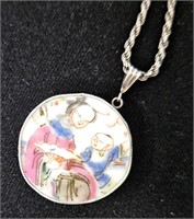 Antique Chinese Painted Tile Silver Necklace