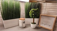 J - FAUX PLANTS, COFFEE CANISTER, FRAMED DECOR