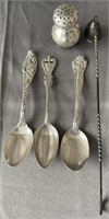 STERLING SILVER SPOONS-SHAKER-CANDLE SNUFFER