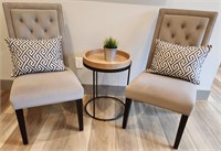 J - PAIR OF OCCASIONAL CHAIRS, SIDE TABLE, PILLOWS