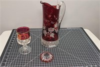 Red Cut Glass Pitcher & Goblet Souvenier Glass
