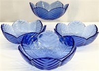 4 Cobalt Blue Glass Leaf Bowls