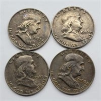 4- FRANKLIN SILVER HALF DOLLARS 3- 1953 & 1- 1956